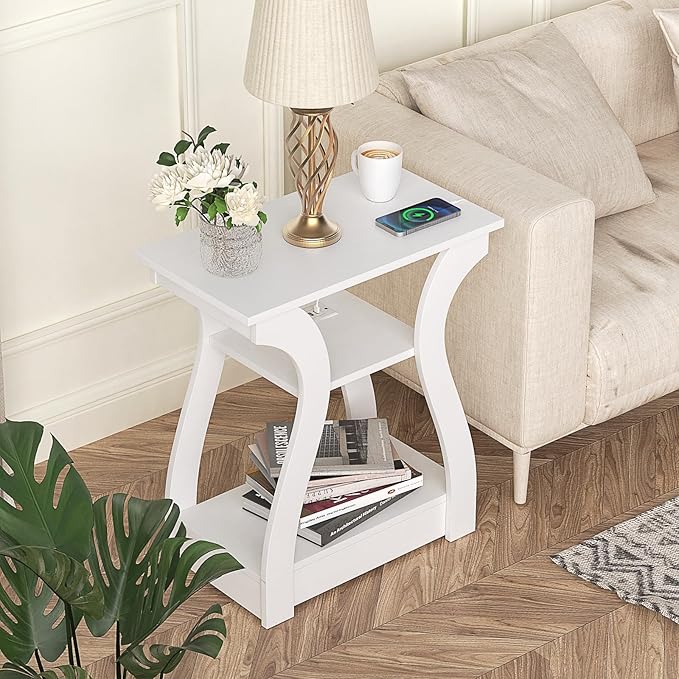 End Tables Living Room Set of 2,End White Table with Charging Station, Side Table, Nightstand for Bedroom, 3 Tier End Table with Storage Shelf for Living Room White-Ruum Studio Home