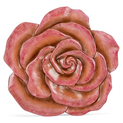 NAT & Jules Rose Flower Shaped Dimensional Indoor Outdoor 12 inch Cast Resin Decorative Garden Stepping Stone, Patio, Walkway Sculpture Yard Art, Colorful Blush-Ruum Studio Home