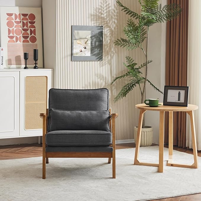 Karl home Accent Chair Wide Armrest Mid-Century Lounge Chair Linen Fabric Armchair with Lumbar Pillow & Solid Wood Frame for Living Room, Bedroom, Balcony, Gray-Ruum Studio Home
