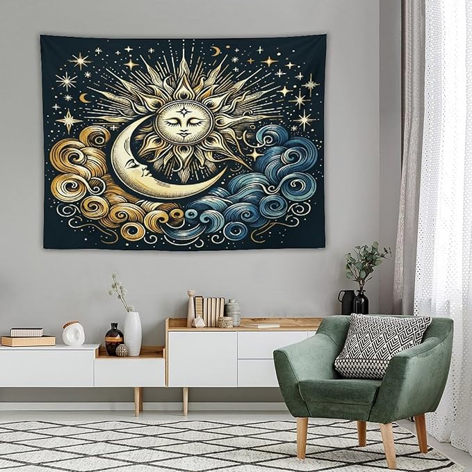 HZOHNAGO Sun Moon Tapestry Boho Golden Stars Pattern Printed Wall Tapestry Wall Hanging for Bedroom Living Room Dorm 80" W x 60" H-Ruum Studio Home