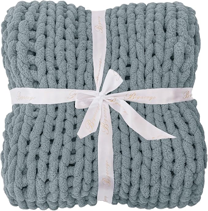 Bigacogo Chunky Knit Throw Blanket for Couch, 40x80 inches, 100% Hand Knitted with Thick Jumbo Chenille Yarn, Cozy Soft Large Rope Knot Cable Crochet Blankets for Sofa Bed Living Room, Dusty Blue-Ruum Studio Home