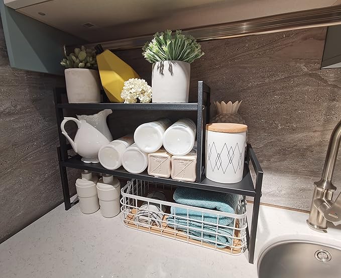 Expandable Cabinet Shelf Organizer 16-26" L Stackable Kitchen Counter Shelf Sink Rack Countertop Storage Black (Wide 10.6”D)-Ruum Studio Home