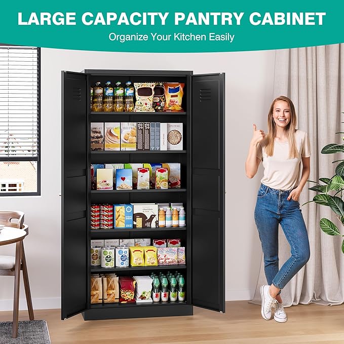 SISESOL Black Storage Cabinet,71" Tall Pantry Cabinet,Kitchen Pantry Storage Cabinets with 2 Doors and 6 Shelves,Wide Deep Metal Food Cupboard for Home,Kitchen,Dining/Living Room-Ruum Studio Home