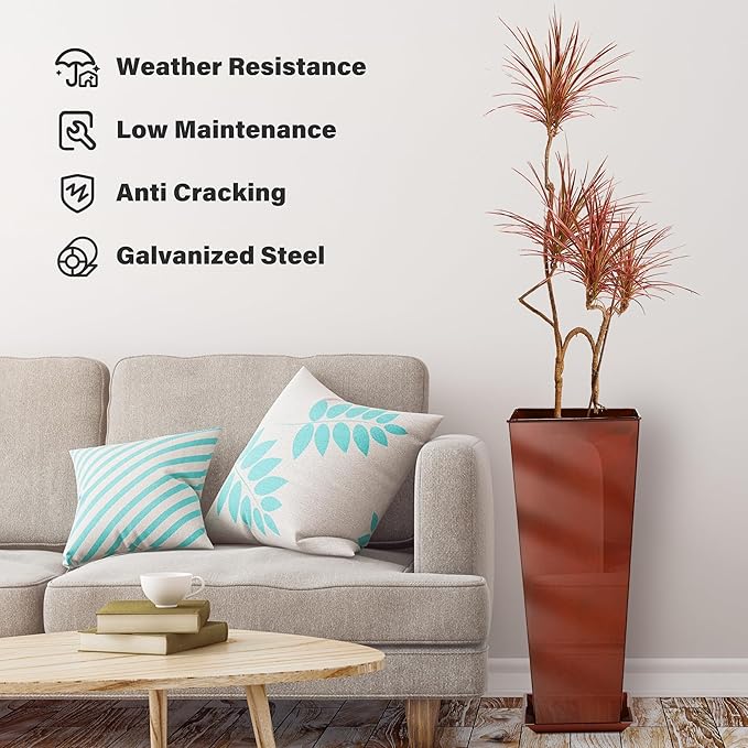 KOL 28''H. Tall Galvanized Steel Glazed Planter with Saucer, Set of 2, Planter Pots with Insert for Indoor & Outdoor Use, Decorative Flower Plant Pots for Front Porch, Patio, Deck - Reddish Brown-Ruum Studio Home