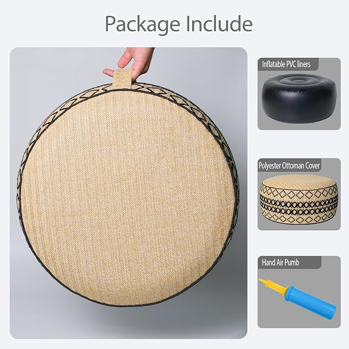 Outdoor Inflatable Ottoman with Air Pump, Embroidery Patio Footrest Stool D21”x H9”, Round Pouf Ottoman with Portable Handle Suitable for Garden, Camping, Bedroom, Living Room-Ruum Studio Home