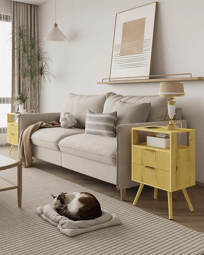 Nightstand with Charging Station and LED Lights,Modern Bedside Table with 2 Storage Drawer and Open Wood Shelf, for Bedroom and Small Spaces,Night Stand with Solid Wood Legs (Yellow Oak)-Ruum Studio Home