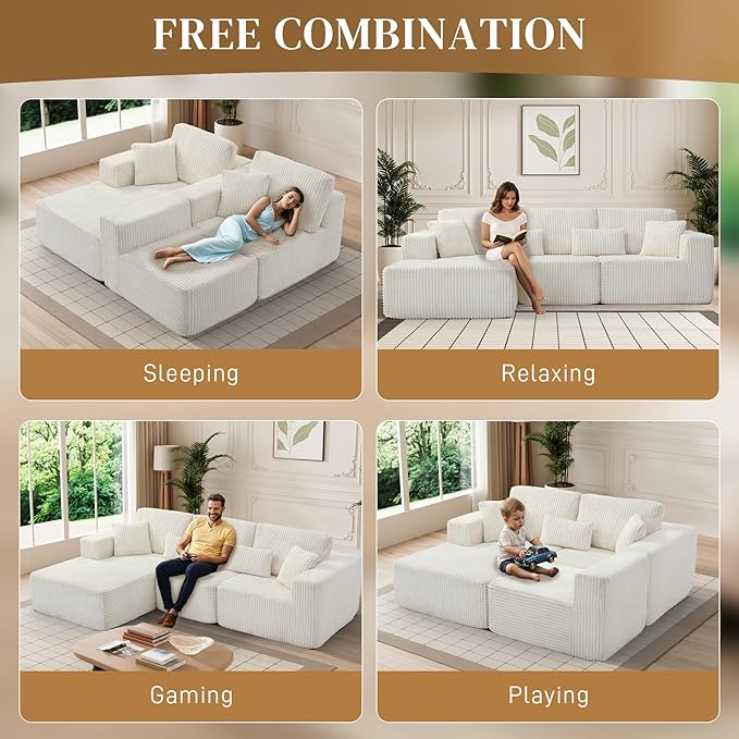 HYJT-H&K Modular Sectional Sofa Cloud Sectional Couch, 107" Comfy Fluffy L Shaped White Couches for Living Room, Deep Seat Memory Foam Plush Corduroy Boneless Couch Sectionals Left Facing Chaise Sofa-Ruum Studio Home