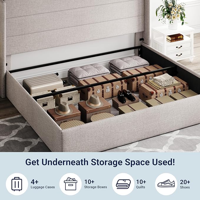 Allewie King Size Lift Up Storage Bed, Modern Wingback Headboard, Hydraulic Support, No Box Spring Needed, Light Beige-Ruum Studio Home