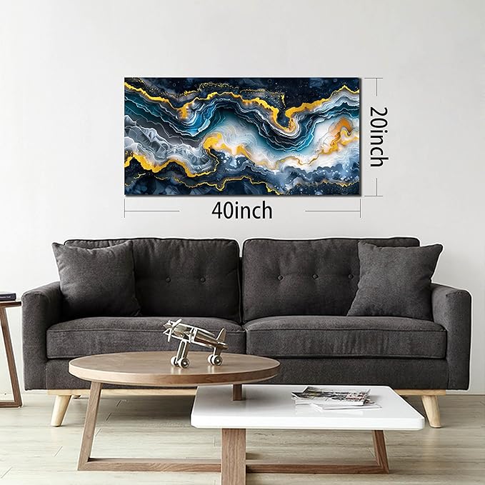 GUGIKA Abstract Wall Art for Living Room, Gold Black and Blue Canvas Wall-Art for Bedroom, Ocean Landscape Print Paintings, Size 40x20 Inches-Ruum Studio Home