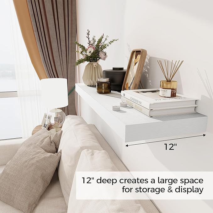 White Floating Shelves 36 Inch Long, 12 Inch Deep Floating Shelves for Wall, 36 x 12 Shelves for Wall Storage & Display, 2" Thick Floating Shelf for Bathroom, Living Room, Bedroom, Set of 1-Ruum Studio Home