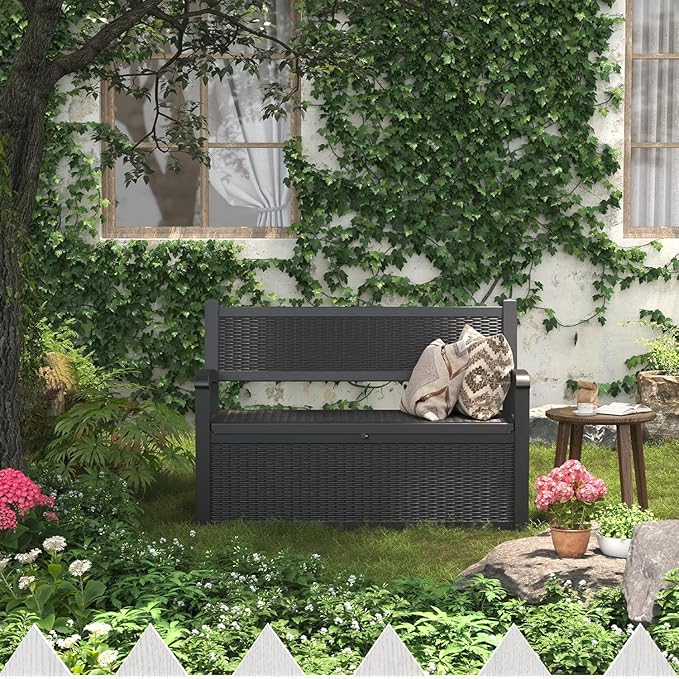 70 Gallon Lockable Outdoor Storage Bench Waterproof, Deck Box Bench for Patio, Porch, Garden, Poolside, Stores Tools & Pool Supplies, Heavy-Duty Outdoor Bench with Storage, Black-Ruum Studio Home
