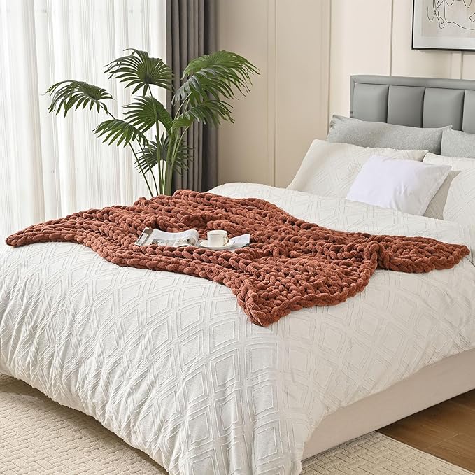 Esterra Chunky Knit Blanket Throw, 100% Handmade Chenille Throw Blanket 50"x60", Soft Thick Yarn Cable Knit Crochet Throw Blanket Rope Knot Throw for Couch Bed Sofa, Copper Brown-Ruum Studio Home