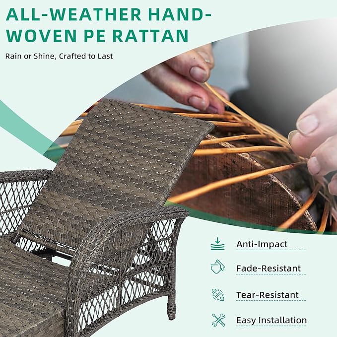 VIVIJASON Outdoor Wicker Chaise Lounge Chair, All-Weather PE Rattan Cushioned Patio Lounger Set with Side Table, 6-Position Adjustable Outside Pool Sunbathing Recliner with Armrest & Pillow, Gray-Ruum Studio Home