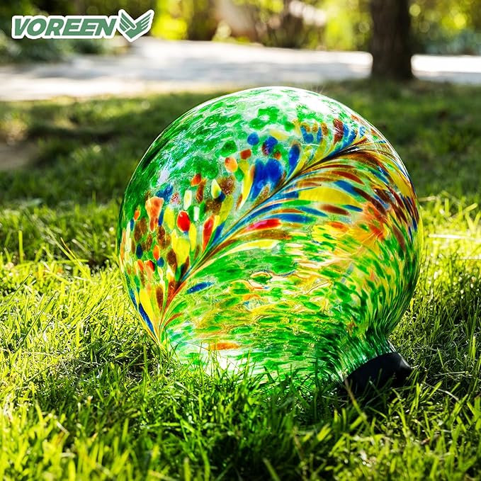 VOREEN 10-Inch Glass Gazing Ball, Outdoor Gazing Globe, Reflective Ball Yard Decoration for Homes, Patio, Lawn and Gardens, Gift for Mom Wife Friend, Phoenix Tail Design, Green-Ruum Studio Home