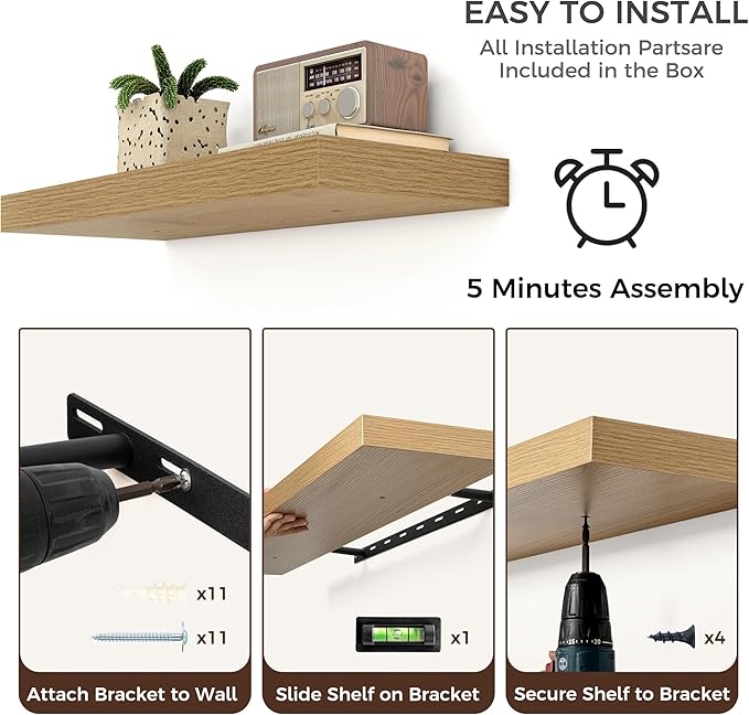 Floating Shelves for Wall, Large Wall Mounted Shelves with Invisible Brackets, Long Wood Floating Shelf for Living Room, Bedroom, Kitchen, Bathroom (Oak, 55" W x 9" D x 1.5" H)-Ruum Studio Home
