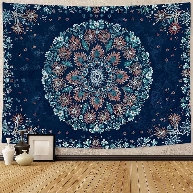 Fowocu Boho Floral Mandala Tapestry Wall Hanging Blue Bohemian Flower Medallion Tapestry Aesthetic Vintage Navy Hippie Indian Small Tapestries for Bedroom Living Room Dorm Decor 48 x 36 Inch-Ruum Studio Home