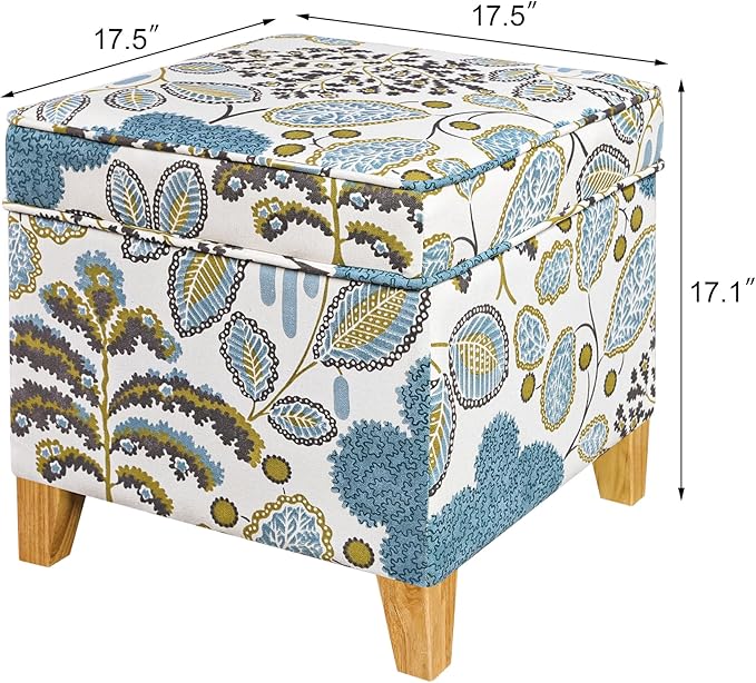 Adeco 18 Inch High Cube Ottoman Storage, Linen Chair Foot Stools, Upholstered Vanity Stool with Hinged Lid, Solid Wood Legs (Blue Leaves)-Ruum Studio Home