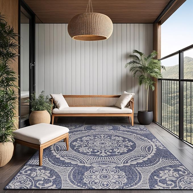 Medallion Outdoor Rug 5x7 Washable Outside Carpet for Indoor Patio Porch Waterproof Easy Cleaning Non Shedding Area Rugs Blue 5 x 7-Ruum Studio Home