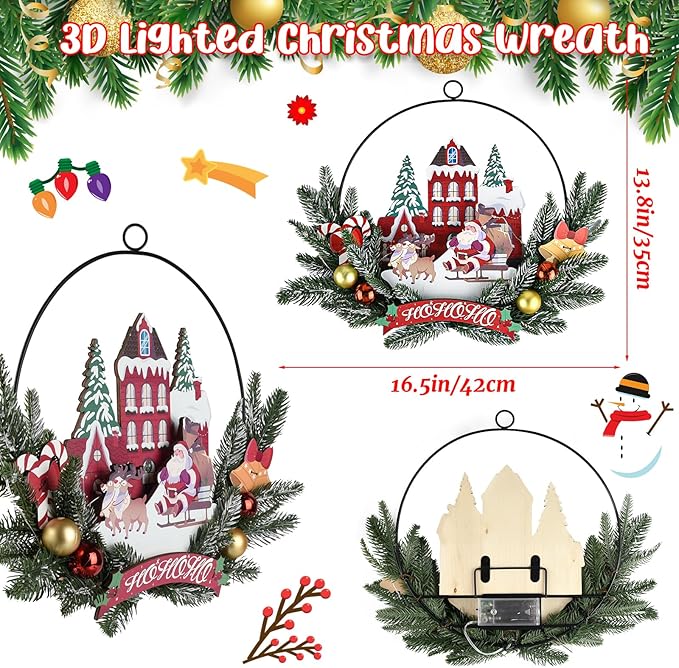 Light up Christmas Wreaths for Front Door, Welcome Metal Wooden Door Wreath Decor Hanging Sign, 30 LED Lighted Wall Decor Battery Operated for Halloween Indoor Outdoor (Santa Claus)-Ruum Studio Home