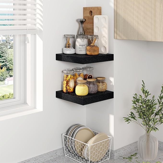 Fun Memories Black Floating Shelves 8 Inch Long, 8" Deep Wall Shelves, Small Deep Floating Shelf Square Wall Shelf, Rustic Display Shelves for Living Room, Bathroom, Kitchen, Set of 2-Ruum Studio Home