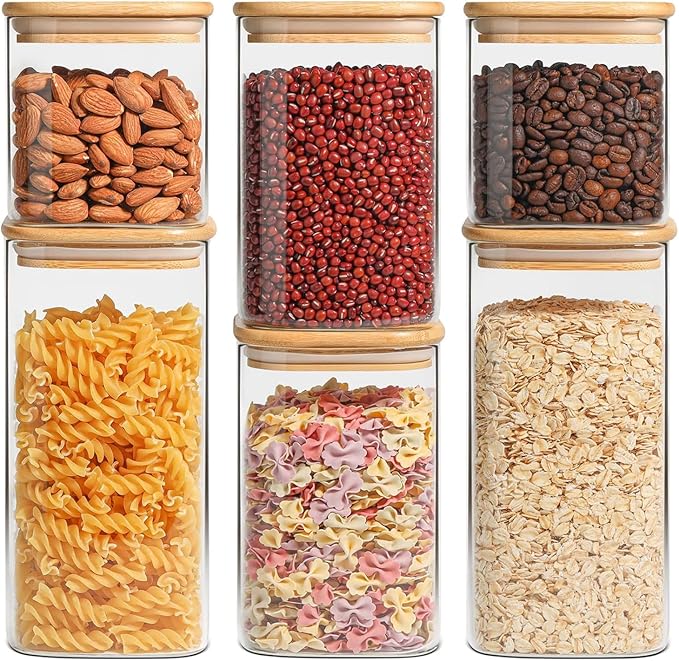ComSaf Airtight Glass Storage Canister with Lids (0.7Qt/1.2Qt/1.6Qt) Set of 6, Food Storage Container Kitchen Pantry Storage Jar, Glass Jars for Flour Cereal Sugar Tea Coffee Beans Snacks, Square-Ruum Studio Home