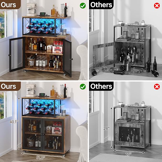 Wine Bar Cabinet with Wheels, 4-Tier Bar Cart with Power Outlets and LED Light, Liquor Cabinet Home Mini Bar with Wine Rack, Coffee Bar Cabinet for Liquor, Rustic Brown-Ruum Studio Home