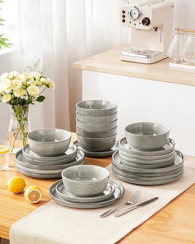 vancasso ANYA 24 Pieces Plates and Bowls Set, Stone Grey Dinnerware Sets, Reactive Glaze Dishes Set for 8, Ceramic Dishware Sets Kitchen Dinner Set, Microwave & Dishwasher Safe-Ruum Studio Home