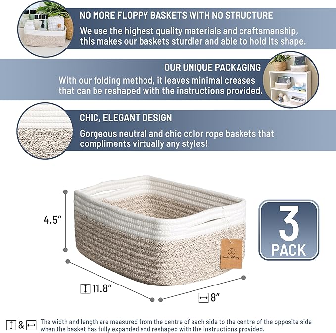 NaturalCozy 11.8"x8"x4.5” Storage Baskets for Shelves 3 Pack | Cotton Rope Woven Small Baskets for Organizing | Small Storage Bins for Nursery, Bathroom, Closet, Cube Shelf, Decorative, Gift Basket-Ruum Studio Home