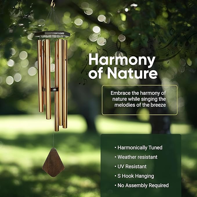 Nature’s Melody Premiere Grande Tunes Wind Chimes – Outdoor Windchime with 6 Tubes Tuned to E Pentatonic Scale, Rustproof Aluminum, Beech Wood & S Hook Hanger for Sympathy, Memorial Gift or Zen Garden-Ruum Studio Home