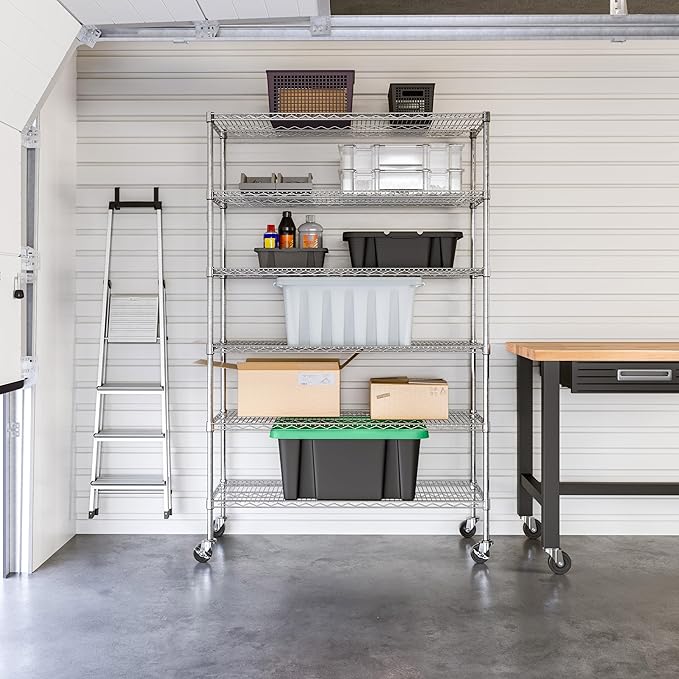 Seville Classics UltraDurable Heavy Duty NSF Solid Steel Wire Rack Storage Unit Wheels, 6-Tier Shelving, 48" W x 18" D-Ruum Studio Home