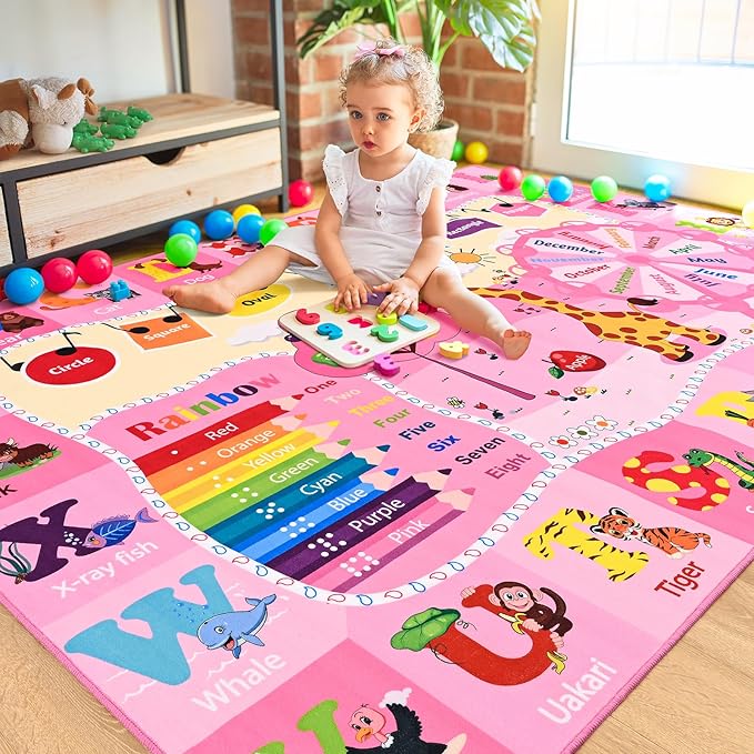 Kids Rugs for Playroom Bedroom Classroom Nursery, Non-Slip and Washable Rugs for Children Toddlers Girls, Educational and Fun Rug Carpets with ABC Alphabet Animals Shapes, 6x9, Pink-Ruum Studio Home