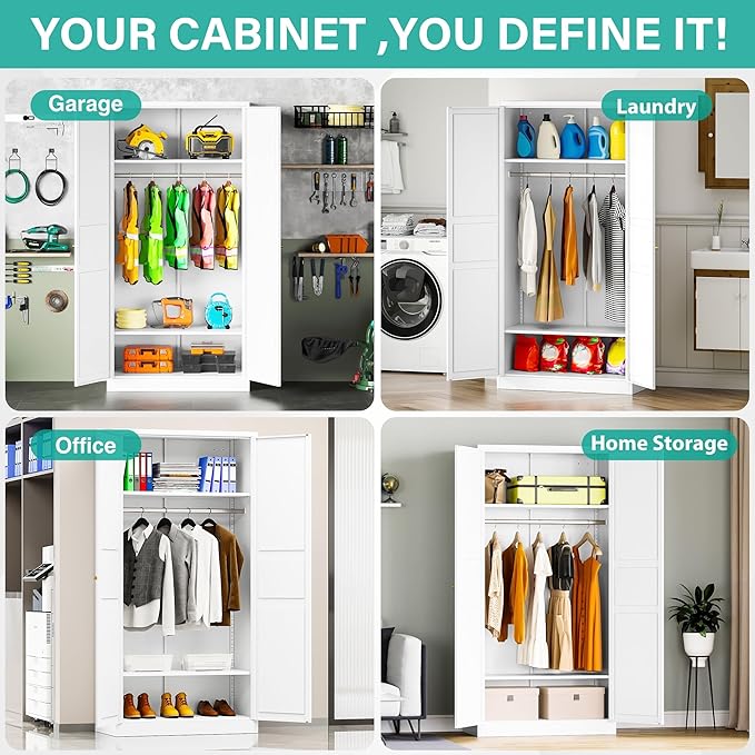 Metal Wardrobe Cabinet with Hanging Rod,White Armoire Wardrobe Closet,Metal Clothing Storage Cabinet with Adjustable Shelves and Doors,72" Wardrobes Storage Cabinet for Home,Living/Laundry Room-Ruum Studio Home