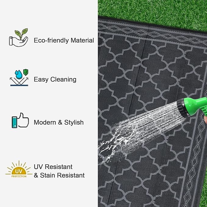 GAOMON Outdoor Plastic Straw Rug, 10'x14' Reversible Sage Green Patio Mat, Flower Modern Design for RV, Backyard, Deck, Camping, Picnic, Black/Grey(Geometric)-Ruum Studio Home