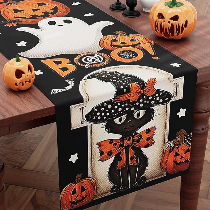 Halloween Table Runner,72 Inches Pumpkin Ghost and Spider Web Pattern Table Runner for Halloween, Table Decoration/Party Dinner Table Decor,Kitchen,Mantel,Bedroom Decoration-Ruum Studio Home