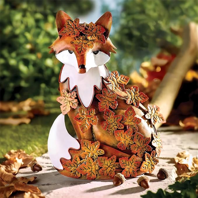 Elenon Metal Fox Statue Art Garden Decoration, Handcrafted Standing Fox Ornament Decor with Fall Leaves, Mid Century Fox Figurine Outdoor Decor for Patios, Lawns, Flower Bed-Ruum Studio Home