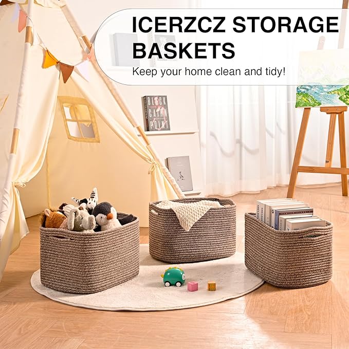 Storage Baskets for Organizing Shelves, Woven Cotton Rope Bins for Baby Nursery Organization, Book Toy Towel Organizer, 15"x11"x9.5", 3 Packs, Dark Brown-Ruum Studio Home