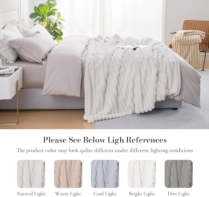 Amélie Home Faux Fur Throw Blanket for Couch, Cozy Fuzzy Fluffy Fur Luxurious Soft Striped Plush Gift Blankets for Family Sofa Chair Bed Living Room Bedroom, 60"x80", Ivory-Ruum Studio Home