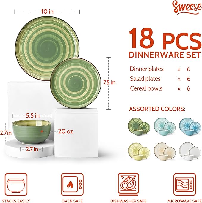 Sweese Plates and Bowls Sets, 18 Piece Dinnerware Set Porcelain Round Dinner Set for 6, Scratch Resistant Dishes Set, Dishwasher and Oven Microwave Safe Handpainted Swirl Dishware Sets, Assorted Green-Ruum Studio Home