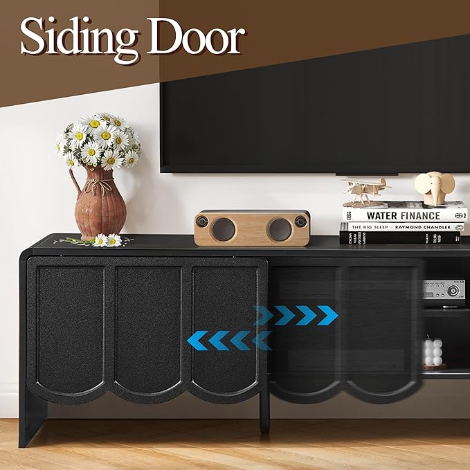 ORRD 63'' TV Stand, Modern TV Console Table Wave Panel Television Stands Entertainment Media Center with Storage Compartment and Sliding Door for Living Room (Black)-Ruum Studio Home