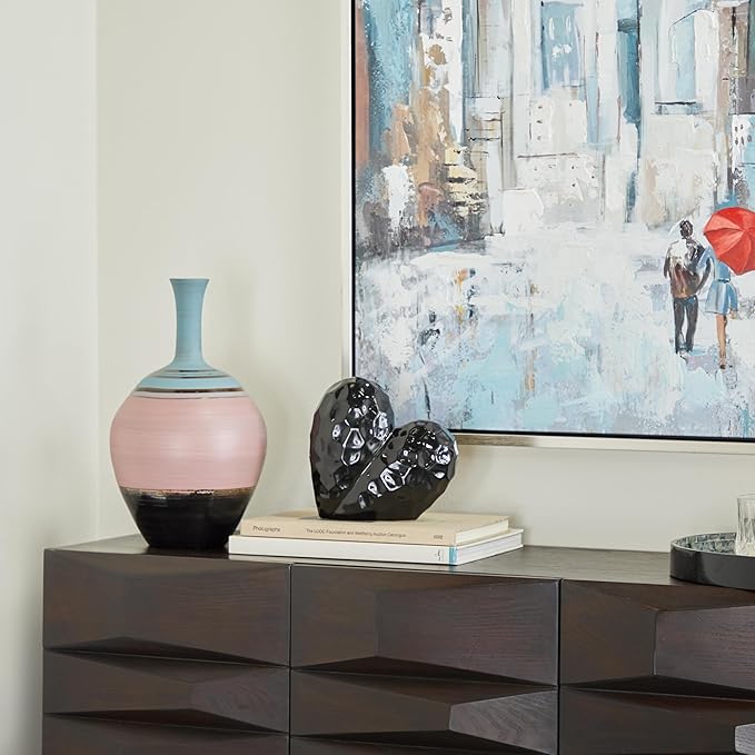 Deco 79 Porcelain Ceramic Heart Decorative Sculpture Dimensional Angled Origami Inspired Home Decor Statue, Accent Figurine 8" x 3" x 8", Black-Ruum Studio Home