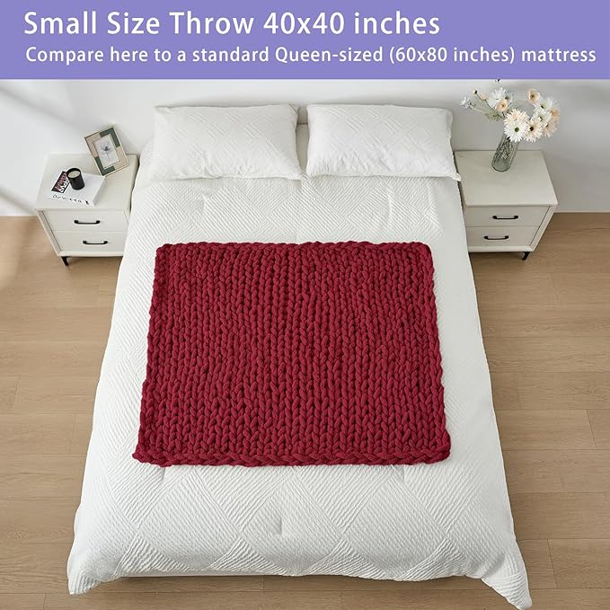 Bigacogo Chunky Knit Throw Blanket for Couch, 40x40 inches, 100% Hand Knitted with Thick Jumbo Chenille Yarn, Cozy Soft Large Rope Knot Cable Crochet Blankets for Sofa Bed Living Room, Red-Ruum Studio Home