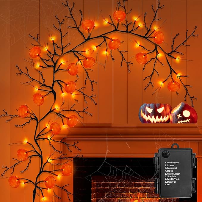 [ 8 Modes & Timer ] Halloween Willow Vine Twig Decor Garland with Pumpkins, 6 FT 54 LED Battery Operated for Indoor Halloween Decorations Home Mantle Fireplace-Ruum Studio Home