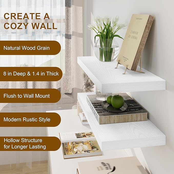 Fun Memories White Floating Shelves, 8 Inch Deep Wall Shelves Set of 2, Rustic Deep Shelves for Wall Storage, 24 x 8 Floating Shelves, 8" Deep White Shelves for Bedroom, Living Room, Kitchen-Ruum Studio Home