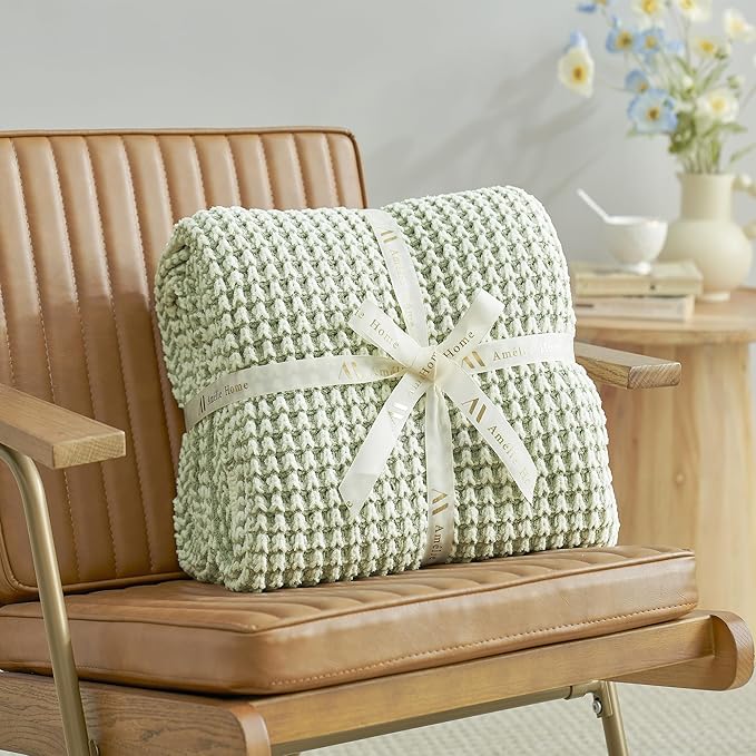 Amélie Home Chenille Waffle Throw Blanket for Couch, Reversible Pineapple Stitch Knit Soft Cozy Knit Blanket Lightweight Warm Decorative Throw for Sofa, Bed, Living Room, 60 * 80", Sage Green&Ivory-Ruum Studio Home