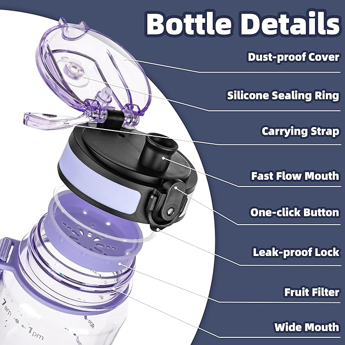 OLDLEY 32 oz Water Bottle, Motivational Water Bottle with Time Marker, Sports Water Bottle With Strap, Leakproof & BPA Free Large Water Bottles for School,Gym,Outdoor, Tritan, Transparent-Purple-Ruum Studio Home