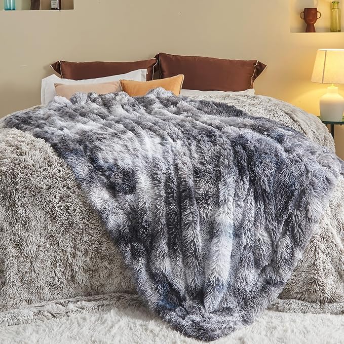 GONAAP Fuzzy Faux Fur Throw Blanket Queen Size Tie-dye Marble Black Super Soft Cozy Plush Fuzzy Shaggy Blanket for Couch Sofa Bed (Tie-dye Marble Black, Queen(90"x90"))-Ruum Studio Home