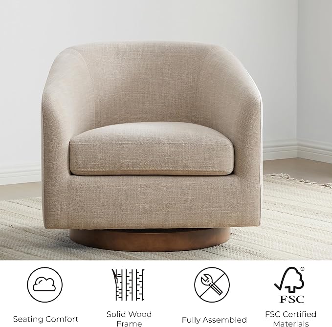 CHITA Swivel Accent Chair, FSC Certified Upholstered Fabric Barrel Chair for Living Room, Fully Assembled, Flax Beige-Ruum Studio Home