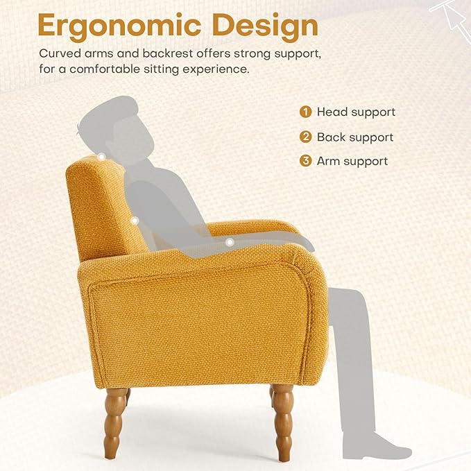 Chenille Fabric Accent Chair, Upholstered Armchair with Solid Wood Legs, Modern Living Room Accent Chair, Comfy Single Sofa Chair Reading Club Chair for Bedroom Reception Lounge, Yellow-Ruum Studio Home