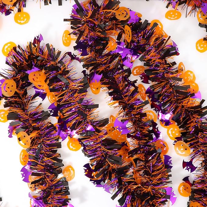 50 Ft Halloween Tinsel Garlands,Funny Pumpkin Purple Bats Shiny Metallic Twist Foil Tinsel Garland Hanging Holiday Decorations for Home Indoor Outdoor Festivities Party Decor-Ruum Studio Home