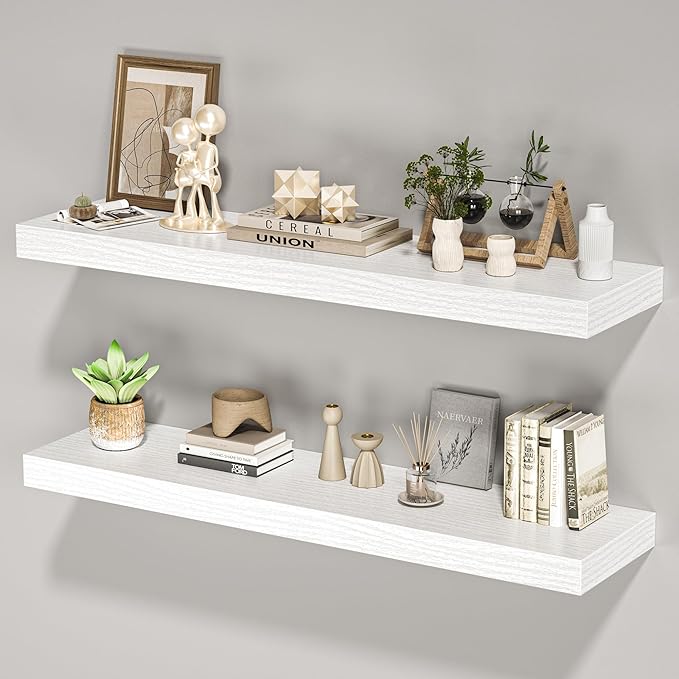 Floating Shelves for Wall, 36" W x 8" D x 1.5" H, Wooden Wall Mounted Display Shelves with Invisible Brackets for Living Room, Bedroom, Bathroom, Kitchen Decor and Storage, Set of 2, White-Ruum Studio Home